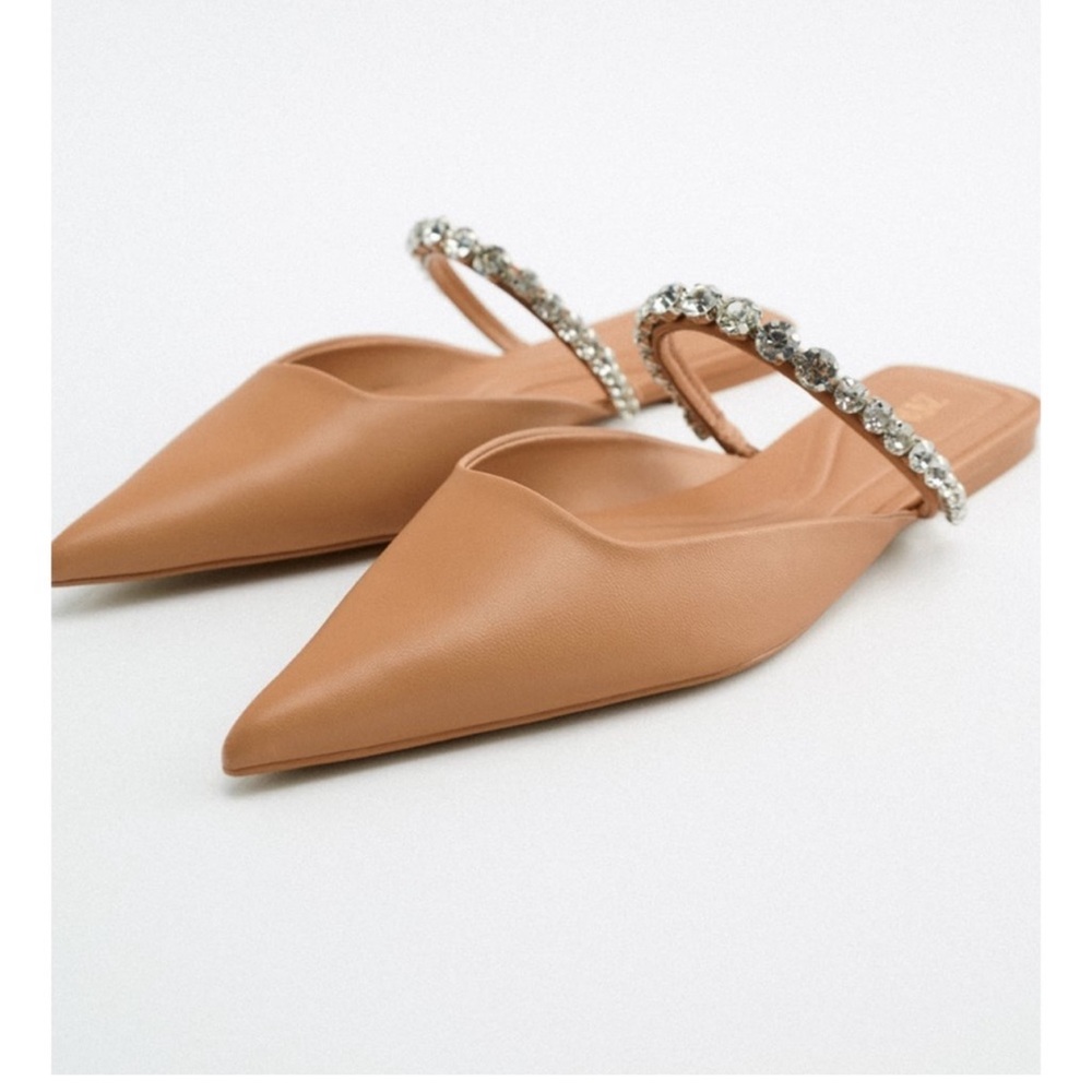 Zara Tan Pointed Flats with Embellished Strap